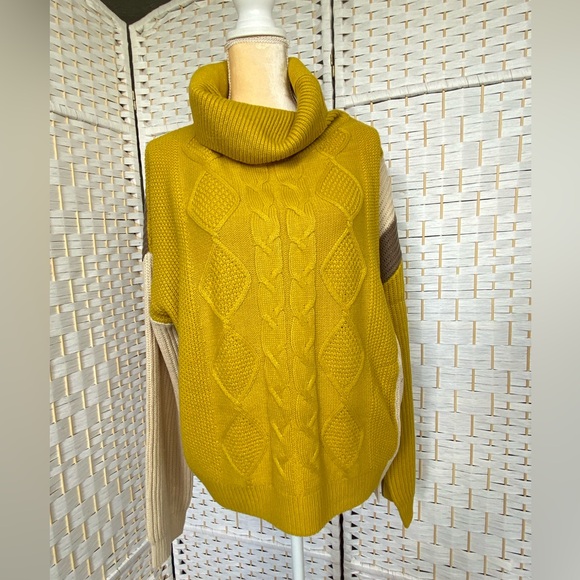 NWT Hem & Thread Turtle Neck Colorblock Cable Knit Jacquard Sweater Mustard Khak - Picture 3 of 13
